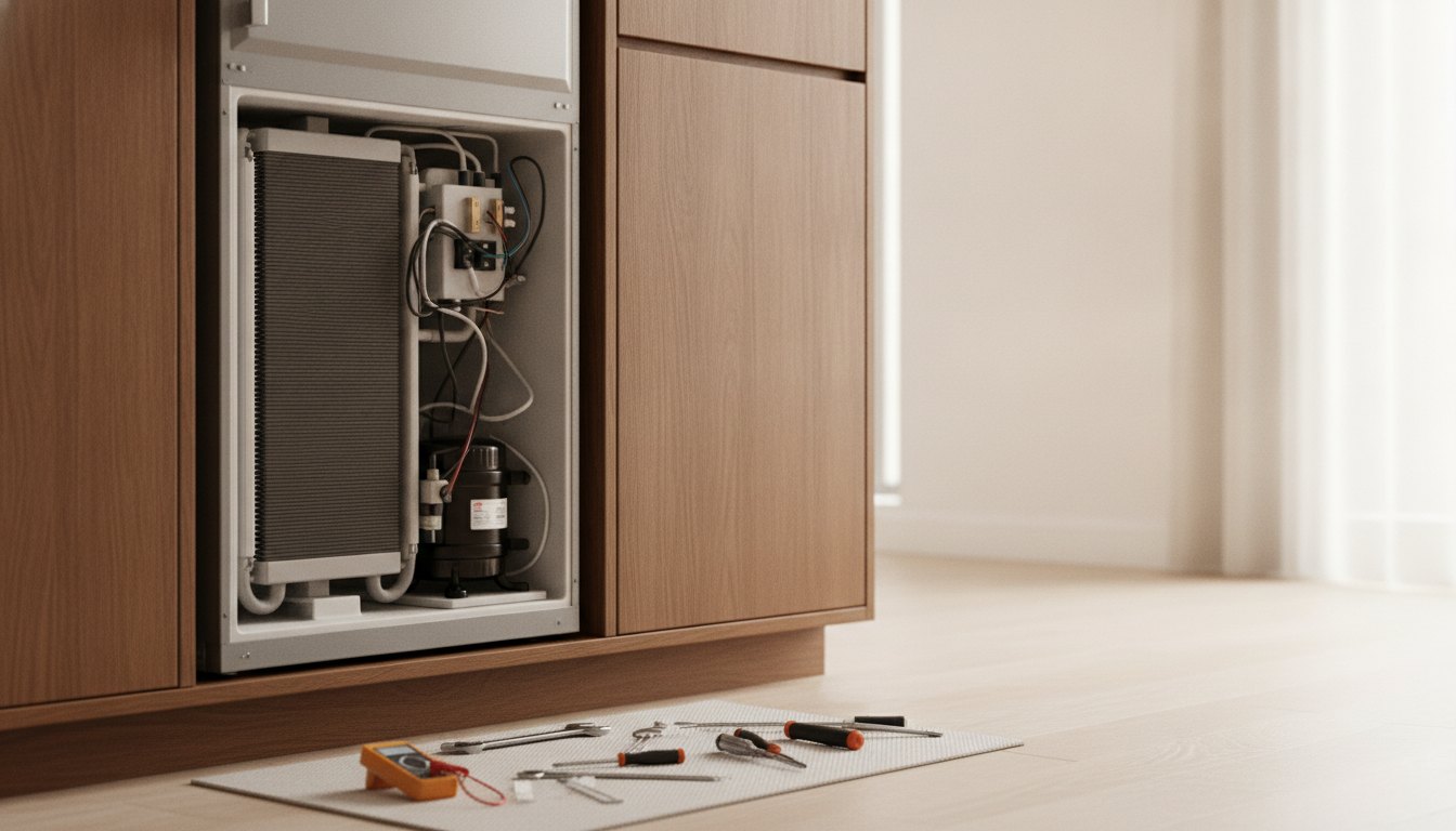 Técnico com ferramentas inspecionando a parte traseira de um refrigerador embutido em um armário de madeira.