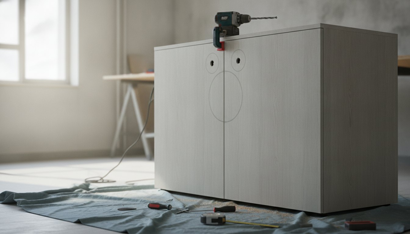 Armário modular de escritório em montagem com furadeira e marcações para instalação de fechadura digital.