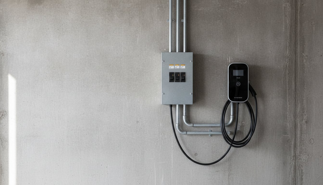 Parede de garagem com conduítes expostos ligando um quadro elétrico a uma estação de recarga.