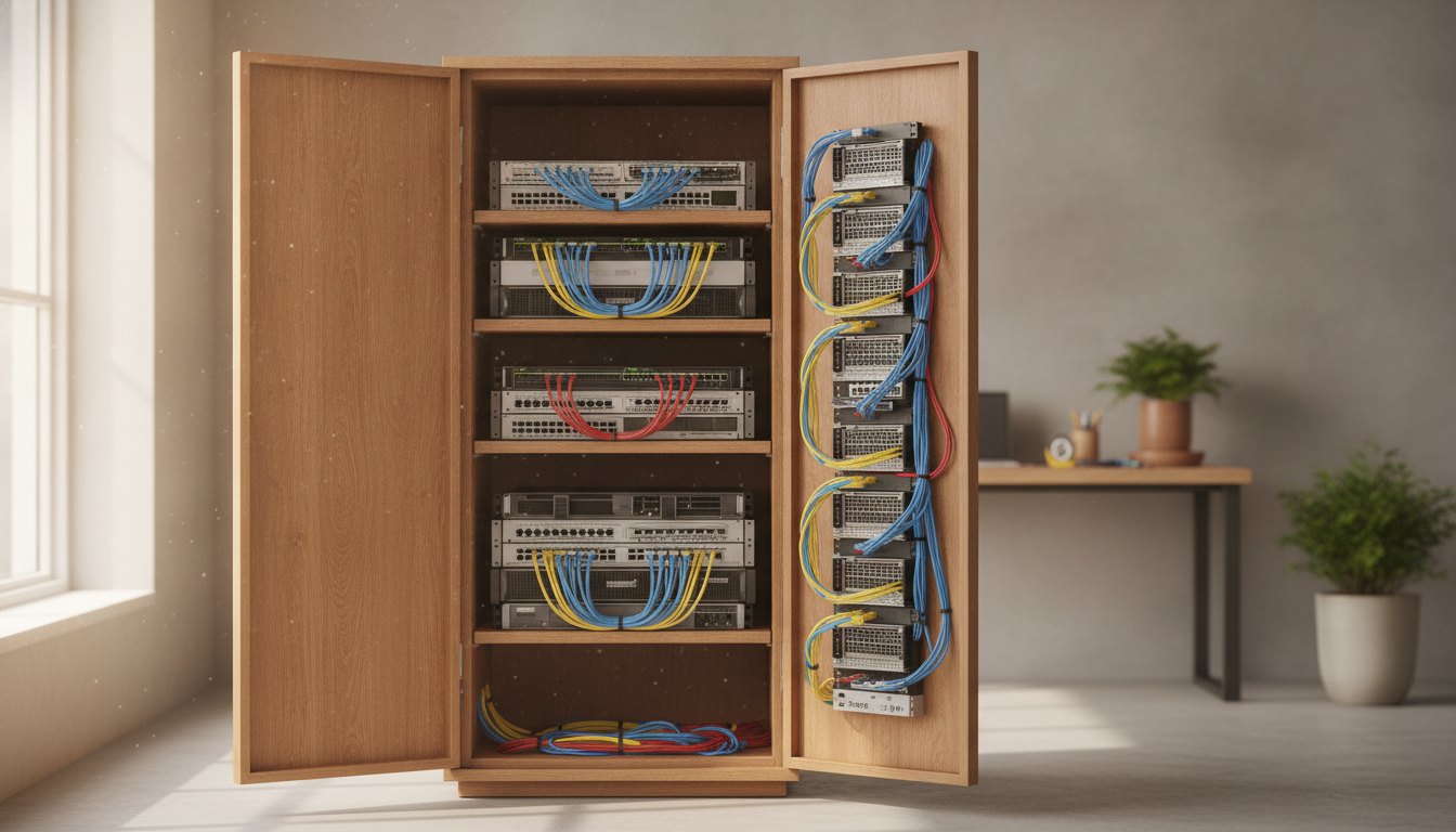 Rack de madeira com portas abertas exibindo prateleiras repletas de servidores e cabos de rede organizados.
