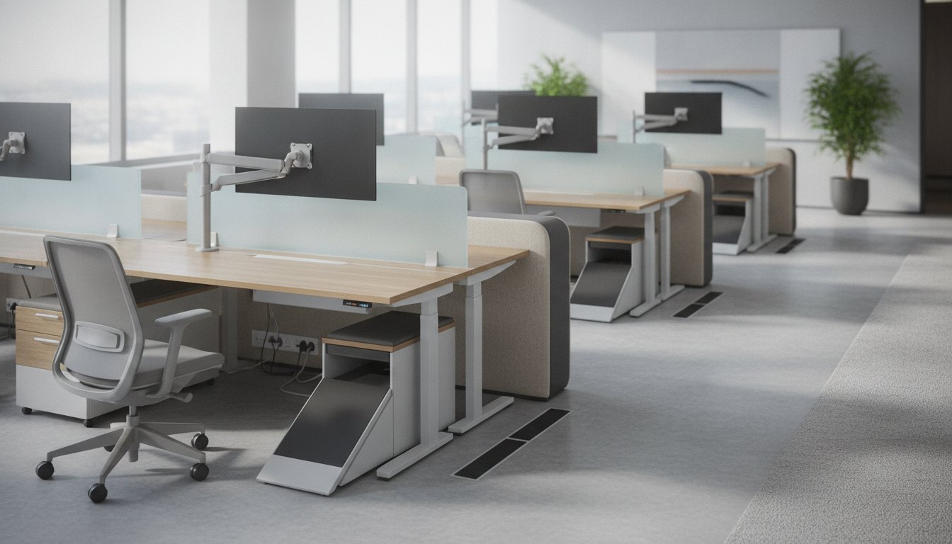 Escritório corporativo com mesas de altura ajustável e equipamentos de acessibilidade integrados ao mobiliário.