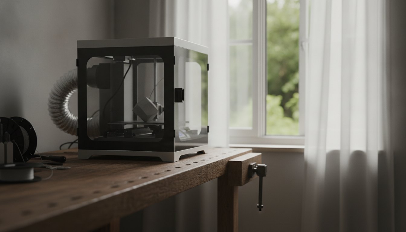 Bancada de madeira robusta com impressora 3D fechada e duto de exaustão conectado à janela.