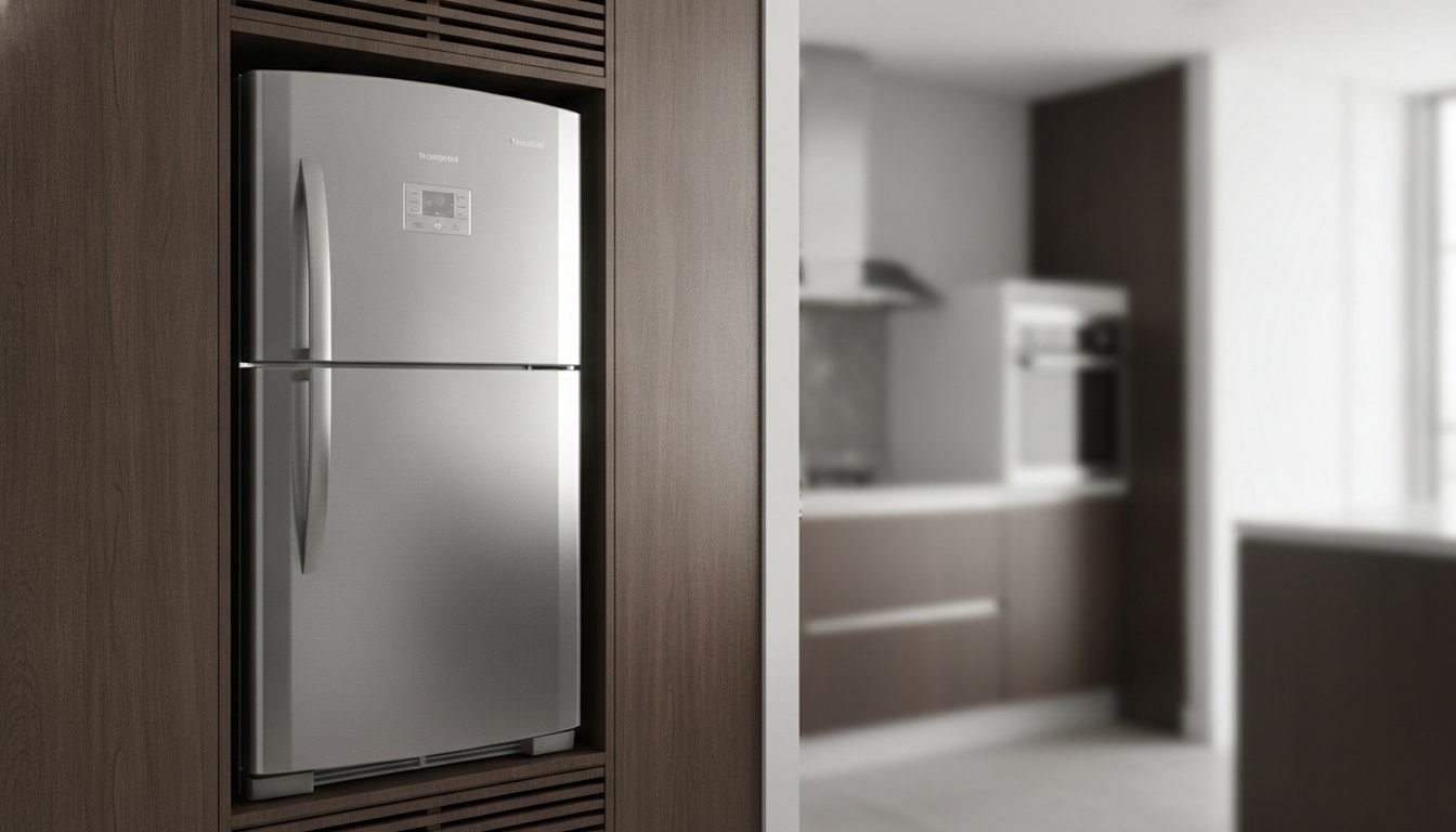 Geladeira de aço inox instalada em nicho de marcenaria escura com frestas de ventilação.