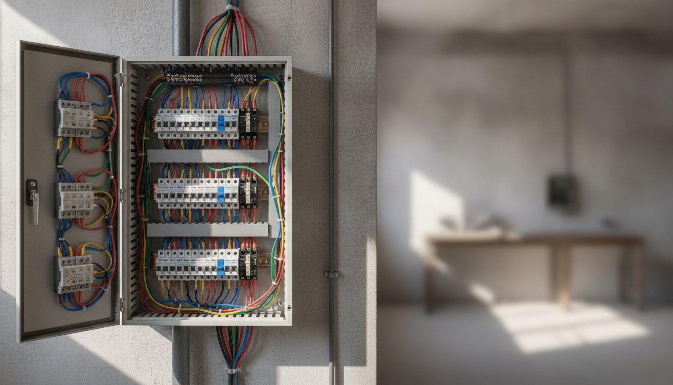 Quadro de distribuição elétrico aberto com disjuntores montados e fios coloridos conectados.