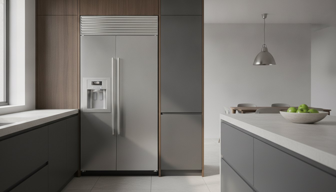 Cozinha planejada moderna com refrigerador de aço inox embutido em nicho de marcenaria escura.