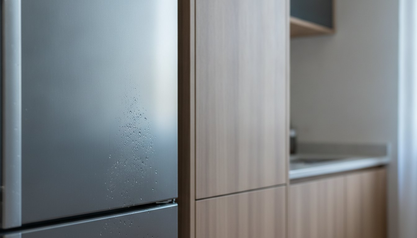 Gotículas de água acumuladas na lateral de um refrigerador embutido em armário de madeira.