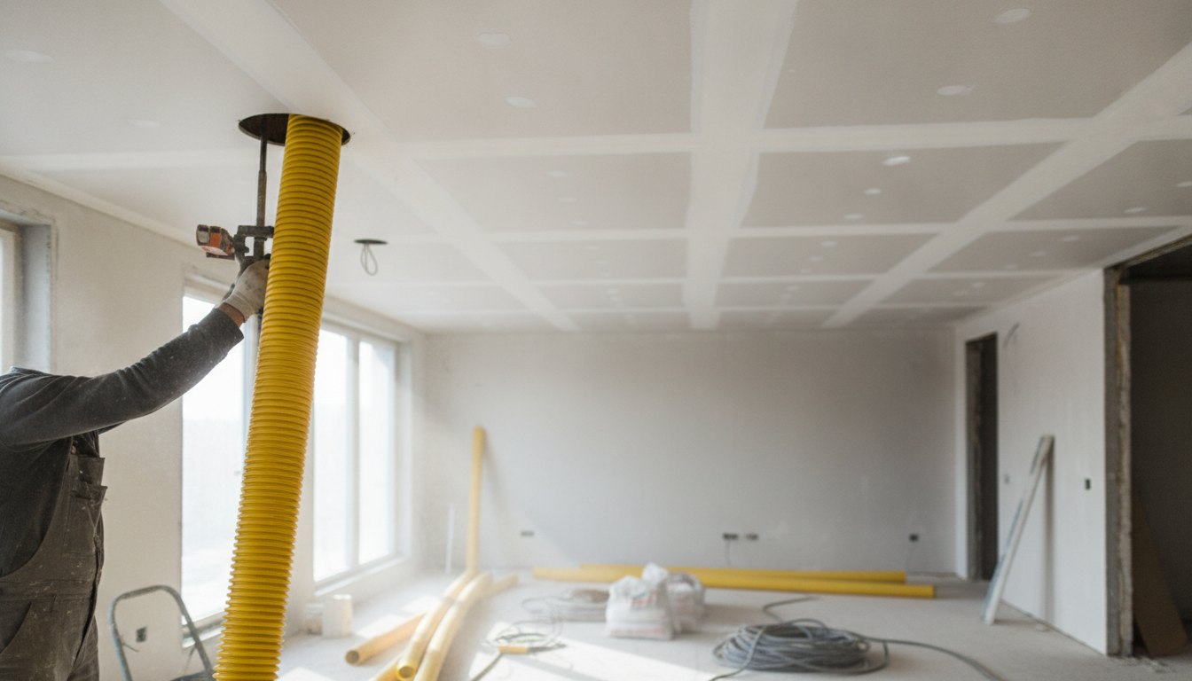 Operário instalando tubulação corrugada amarela em estrutura de gesso no teto de uma sala.