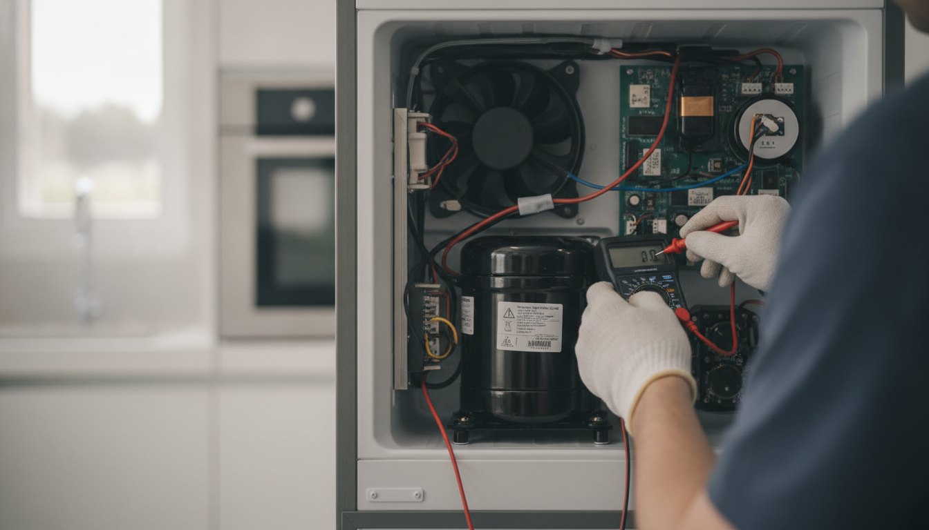 Técnico utilizando um multímetro para testar os componentes elétricos na parte traseira de um refrigerador embutido.