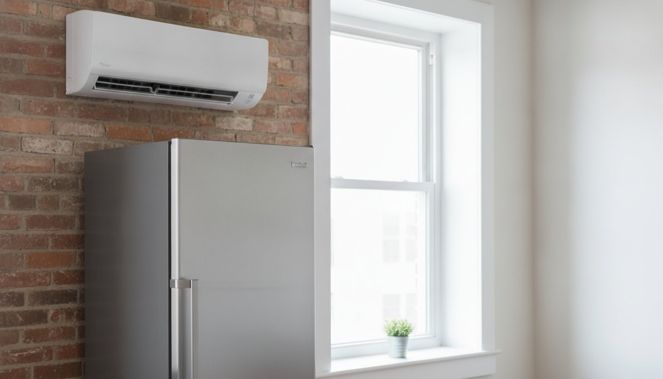 Ar-condicionado split branco instalado em parede de tijolos acima de uma geladeira inox perto da janela.