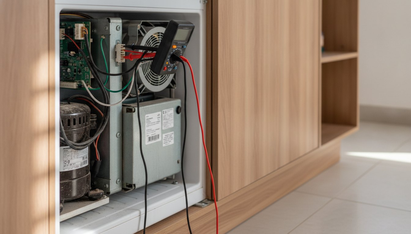 Profissional com multímetro testando o painel traseiro de um refrigerador embutido em armário de madeira.