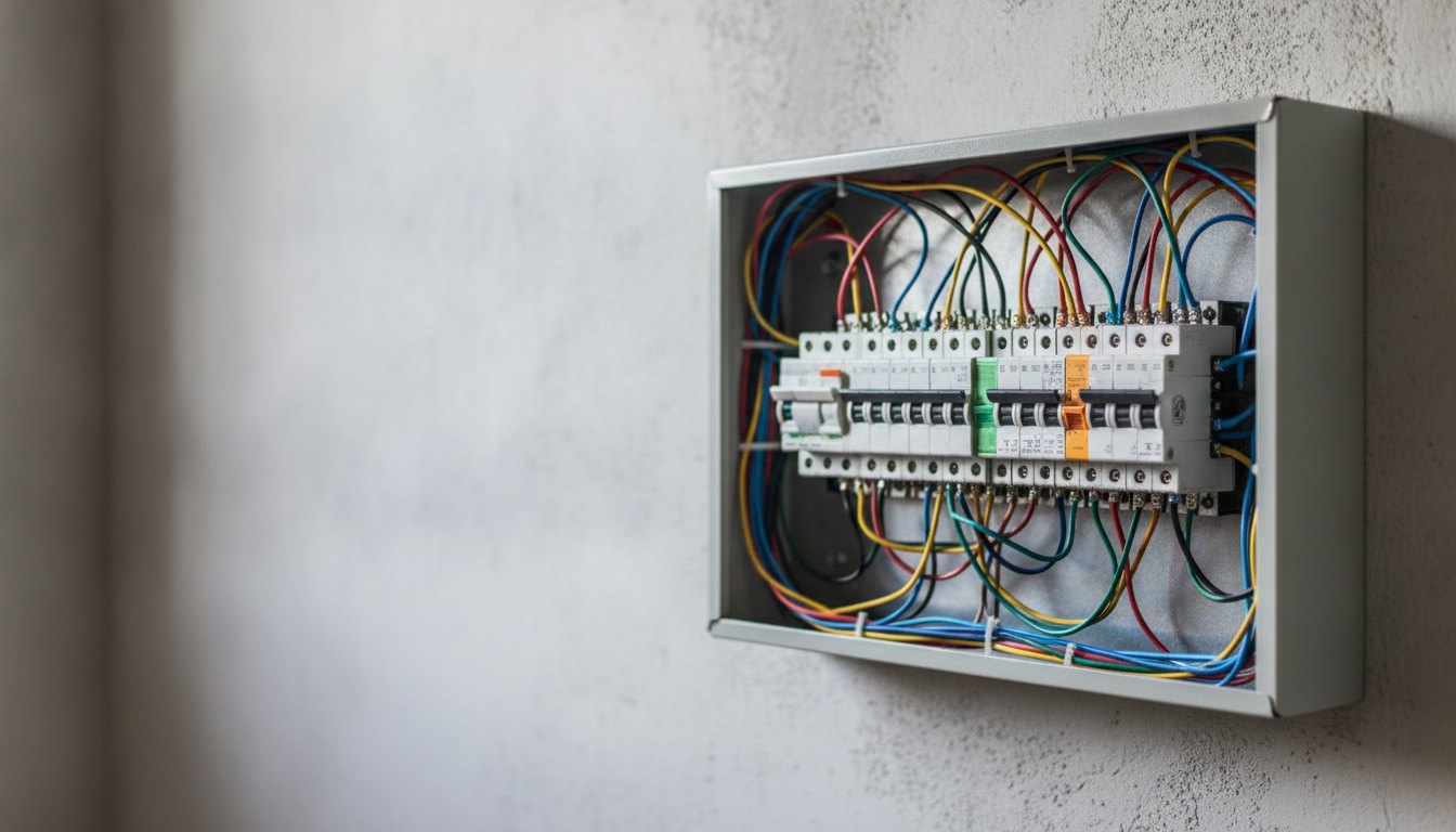 Quadro elétrico residencial aberto com fios coloridos conectados a diversos disjuntores enfileirados