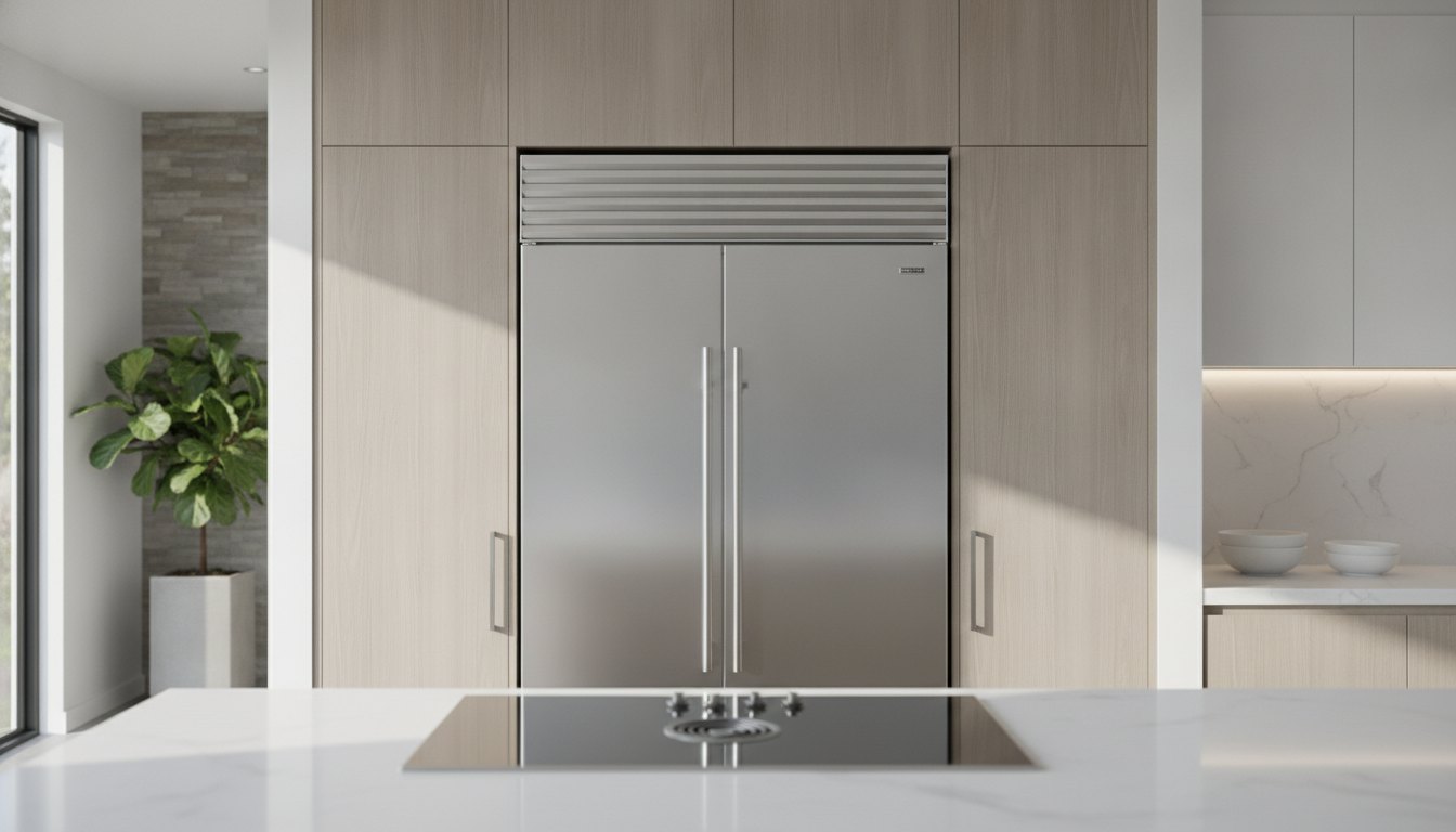 Cozinha planejada com nicho amplo abrigando refrigerador de portas duplas em aço inox.