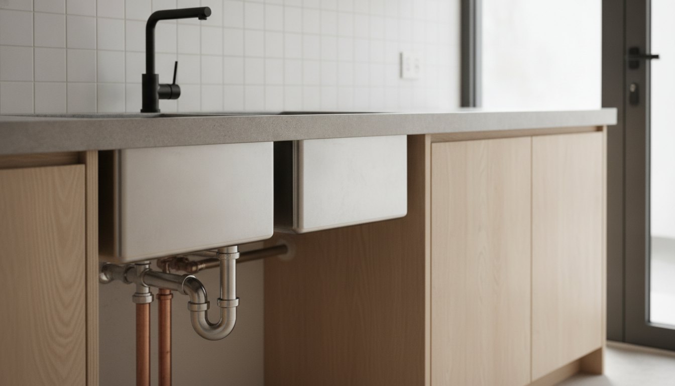Pia de cozinha moderna com cuba dupla em aço inox e tubulação aparente na parte inferior.
