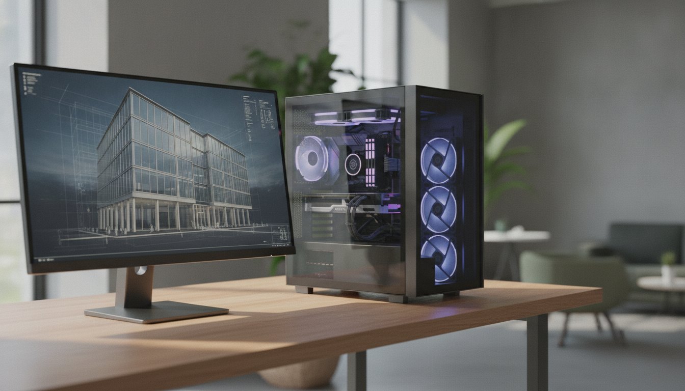 Monitor exibindo projeto de edifício em três dimensões ao lado de gabinete com luzes internas ligadas.