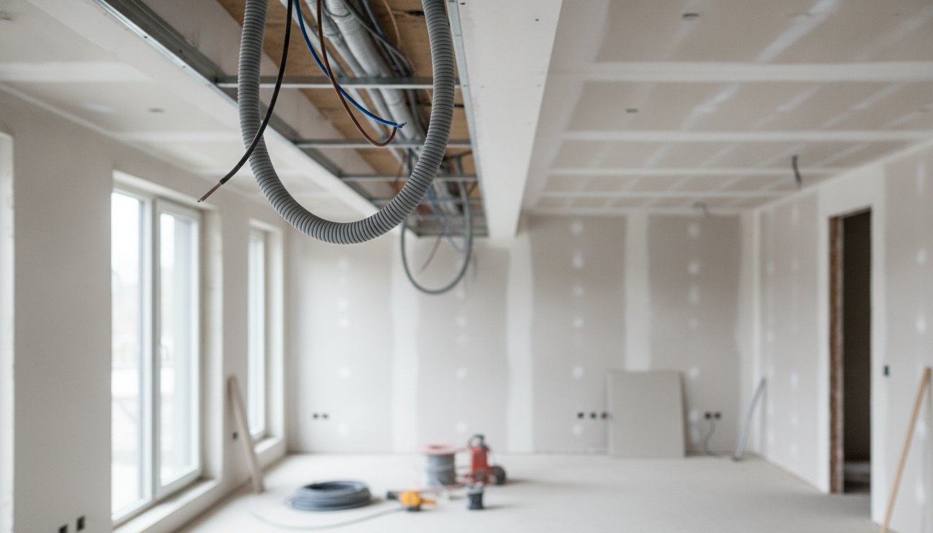 Operário instalando tubulações corrugadas no teto de gesso de uma sala em fase de obra.