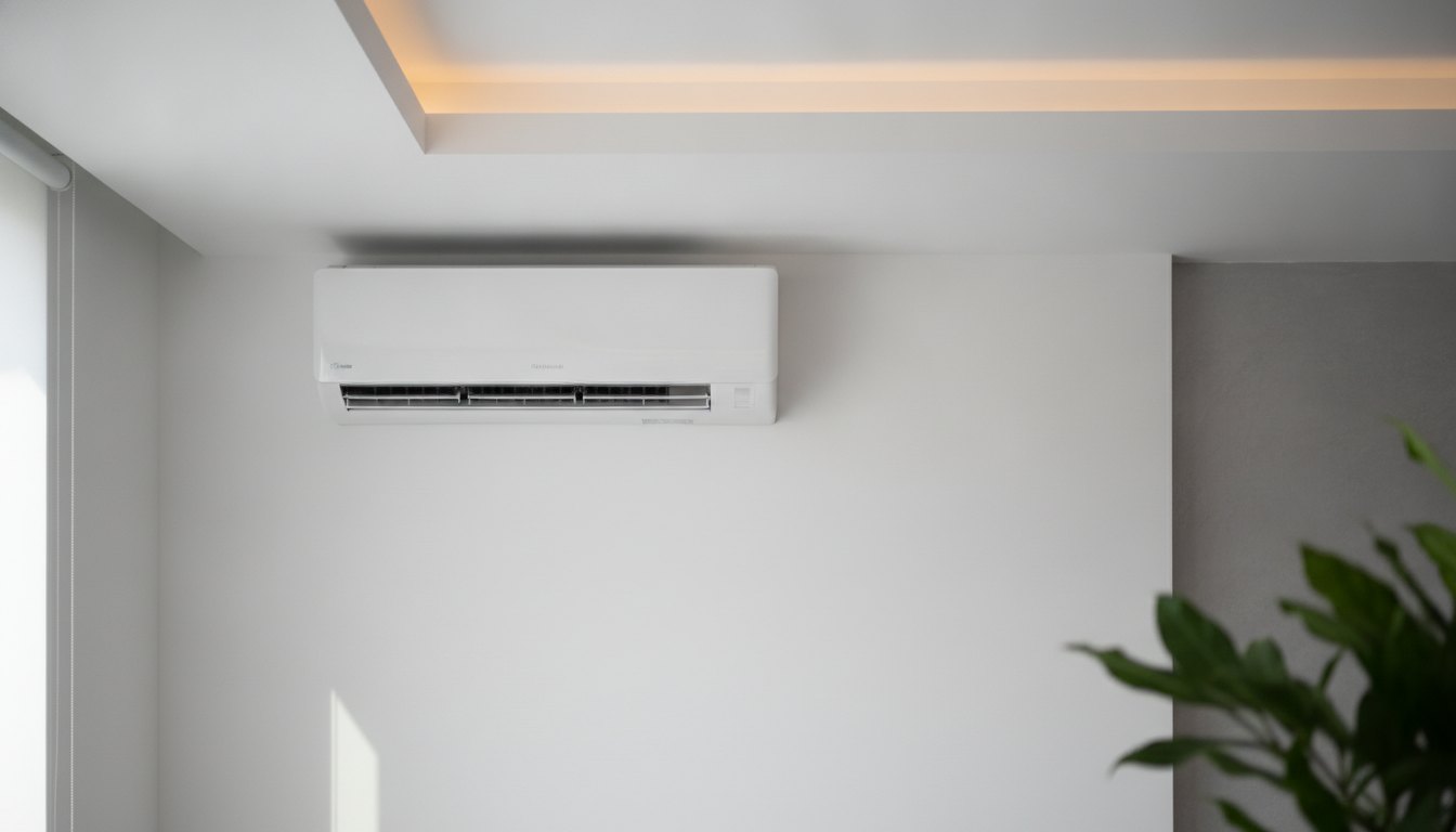 Unidade interna de ar-condicionado instalada em parede branca com forro de gesso rebaixado.