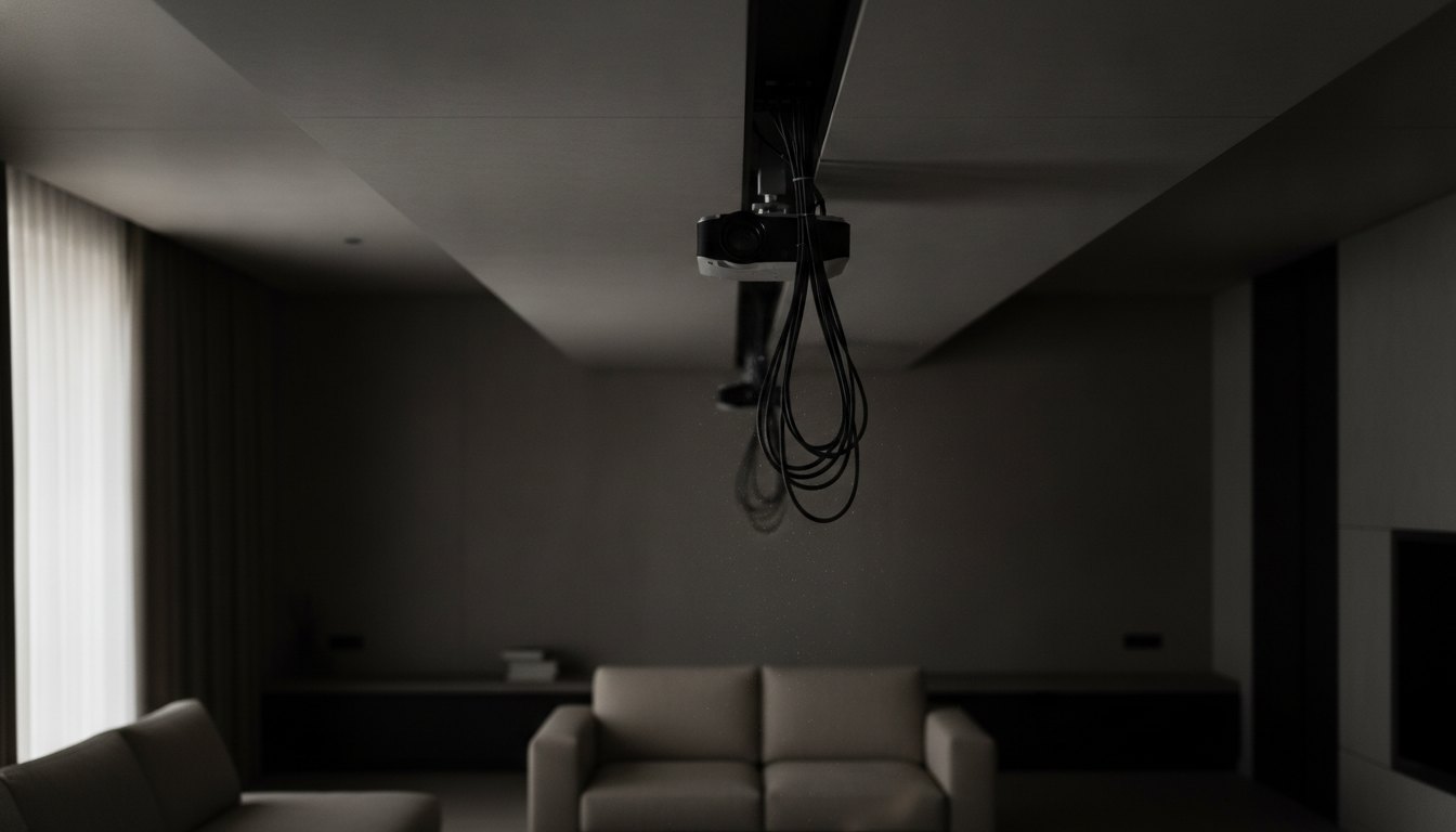 Teto de gesso rebaixado com rasgo linear ocultando projetor e cabos pendentes em uma sala escura.