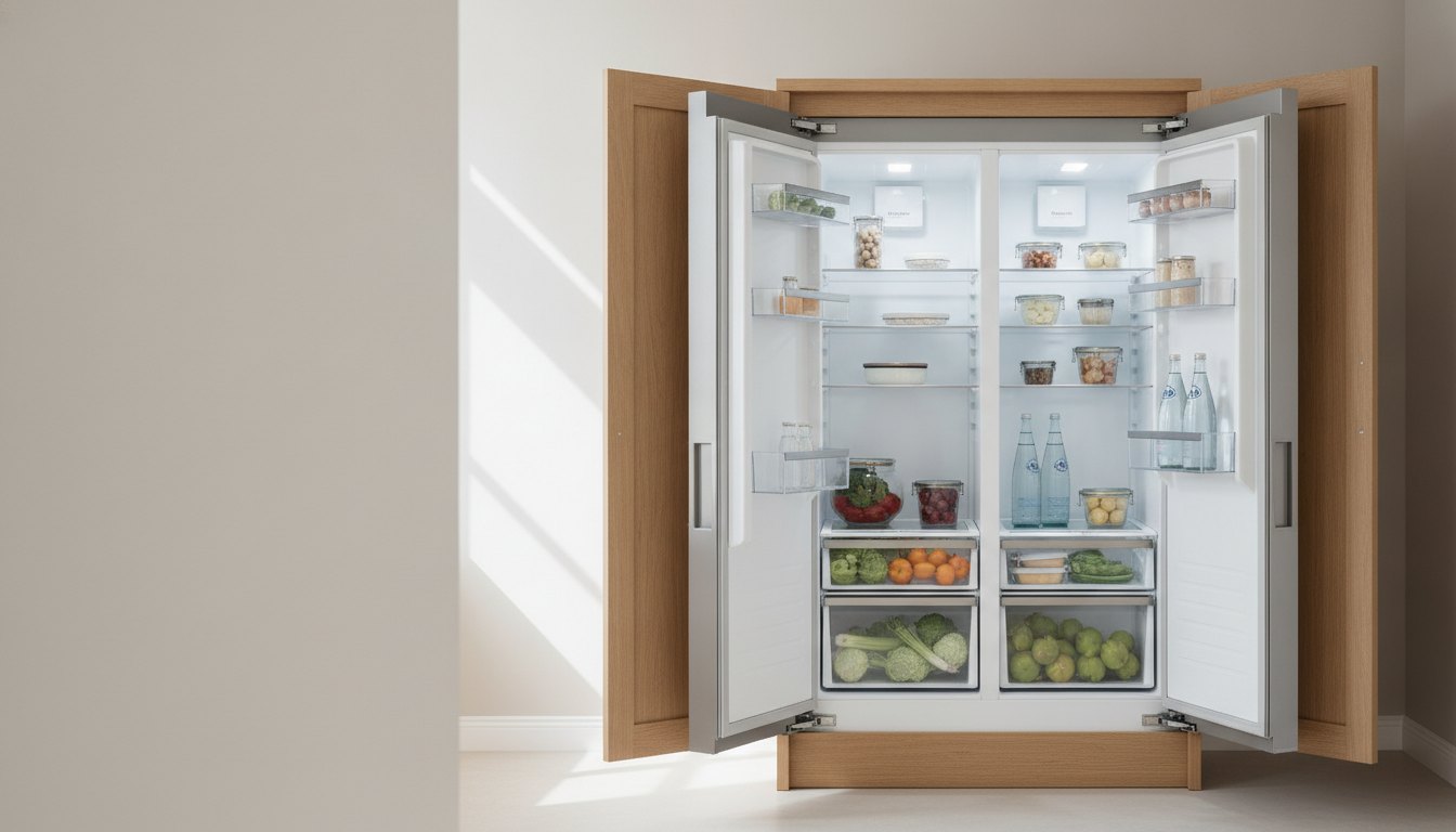 Refrigerador de aço inox embutido em armário de madeira com portas abertas.