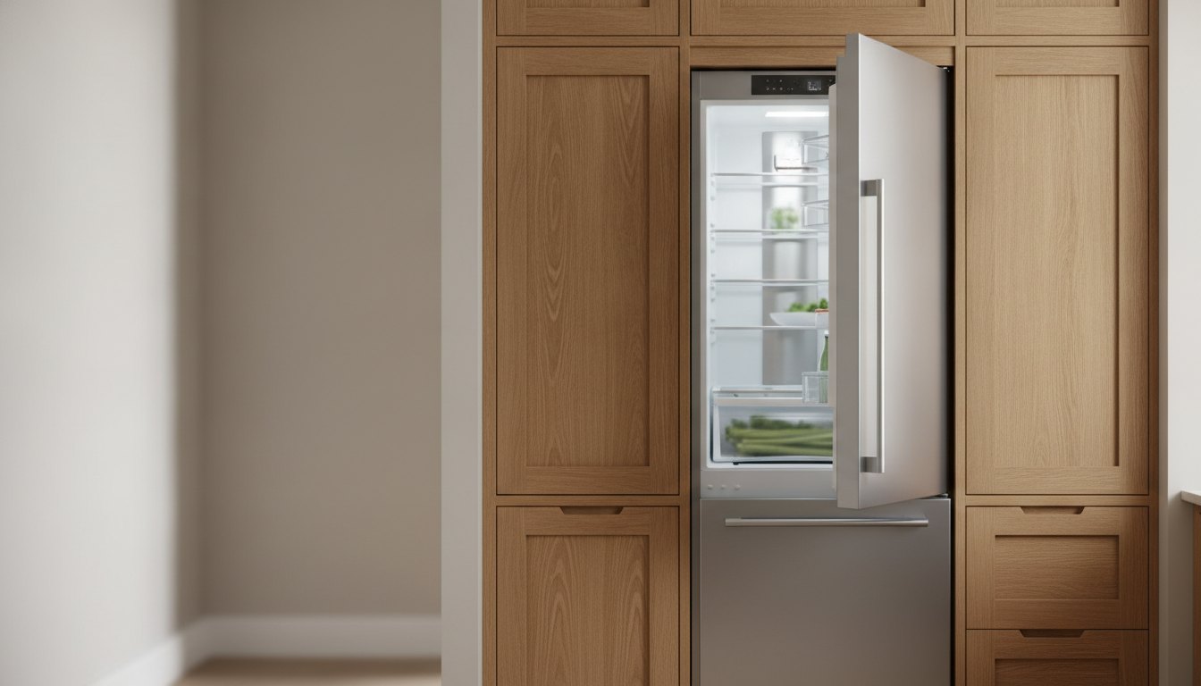 Refrigerador de aço inox embutido em armário de madeira com a porta levemente entreaberta.