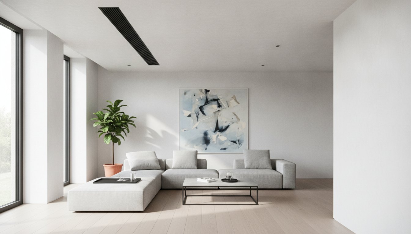 Teto de gesso rebaixado com difusor linear preto instalado acima de uma sala de estar.