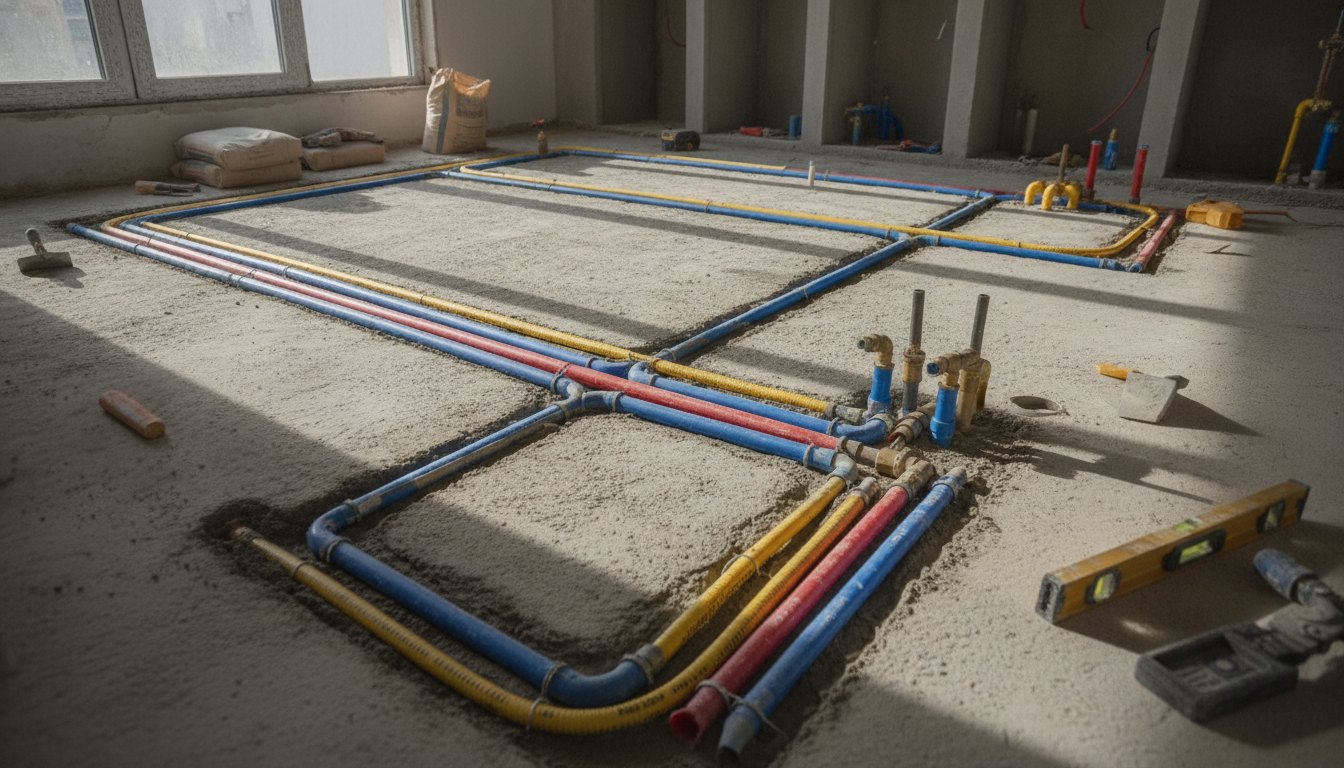 Tubulações de água e gás instaladas no contrapiso de uma cozinha em fase de obra.