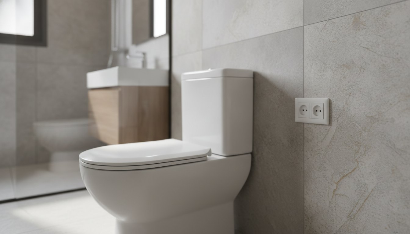 Vaso sanitário branco moderno instalado em banheiro com tomada elétrica próxima à parede revestida.