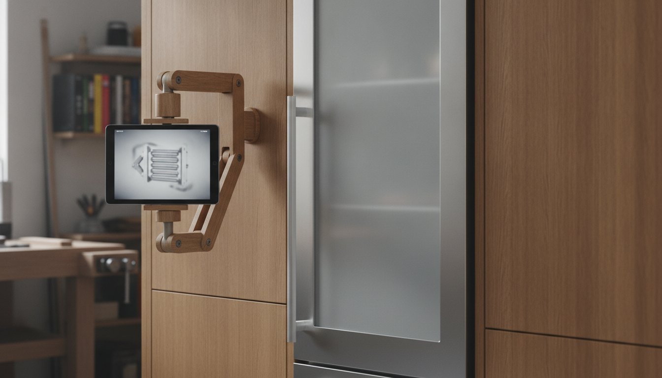 Tablet fixado em suporte articulado na marcenaria de madeira ao lado de um refrigerador embutido.