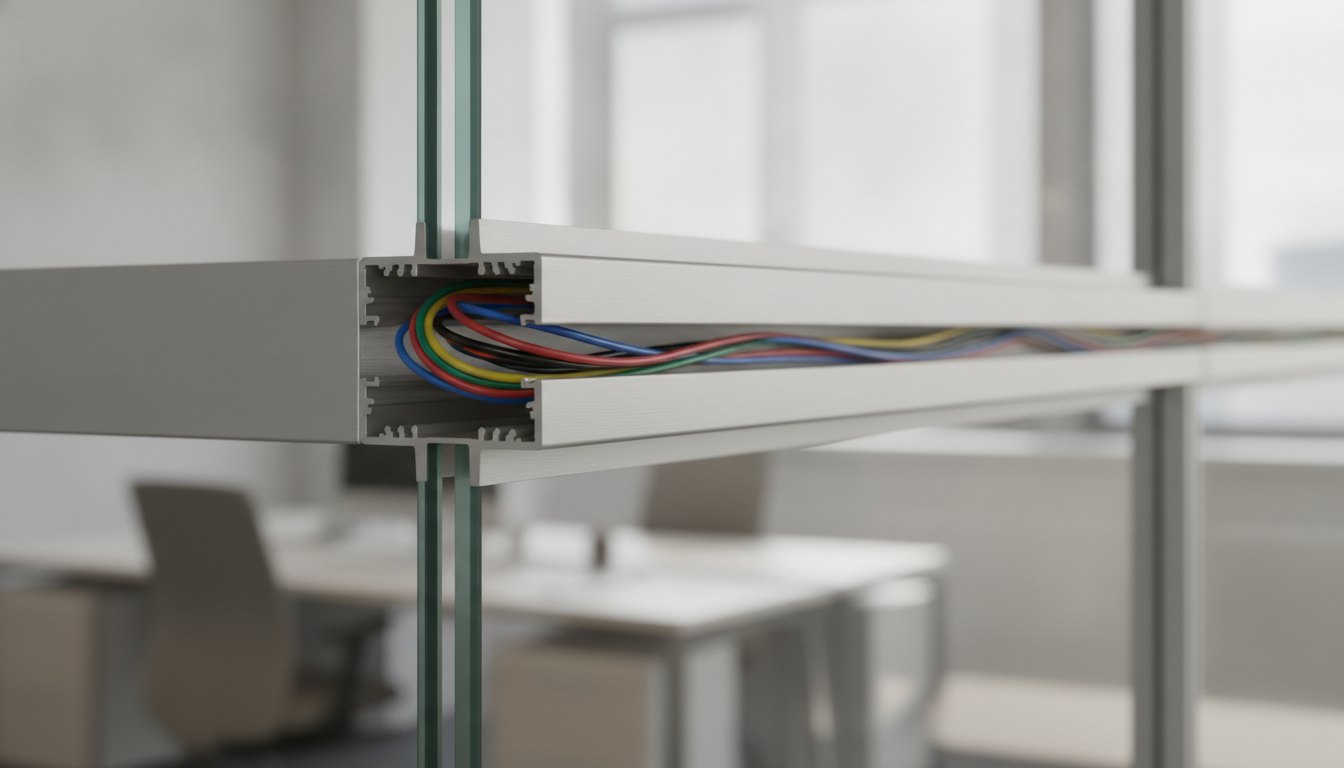 Fios elétricos passando pelo interior de um perfil de alumínio metálico em uma divisória corporativa.