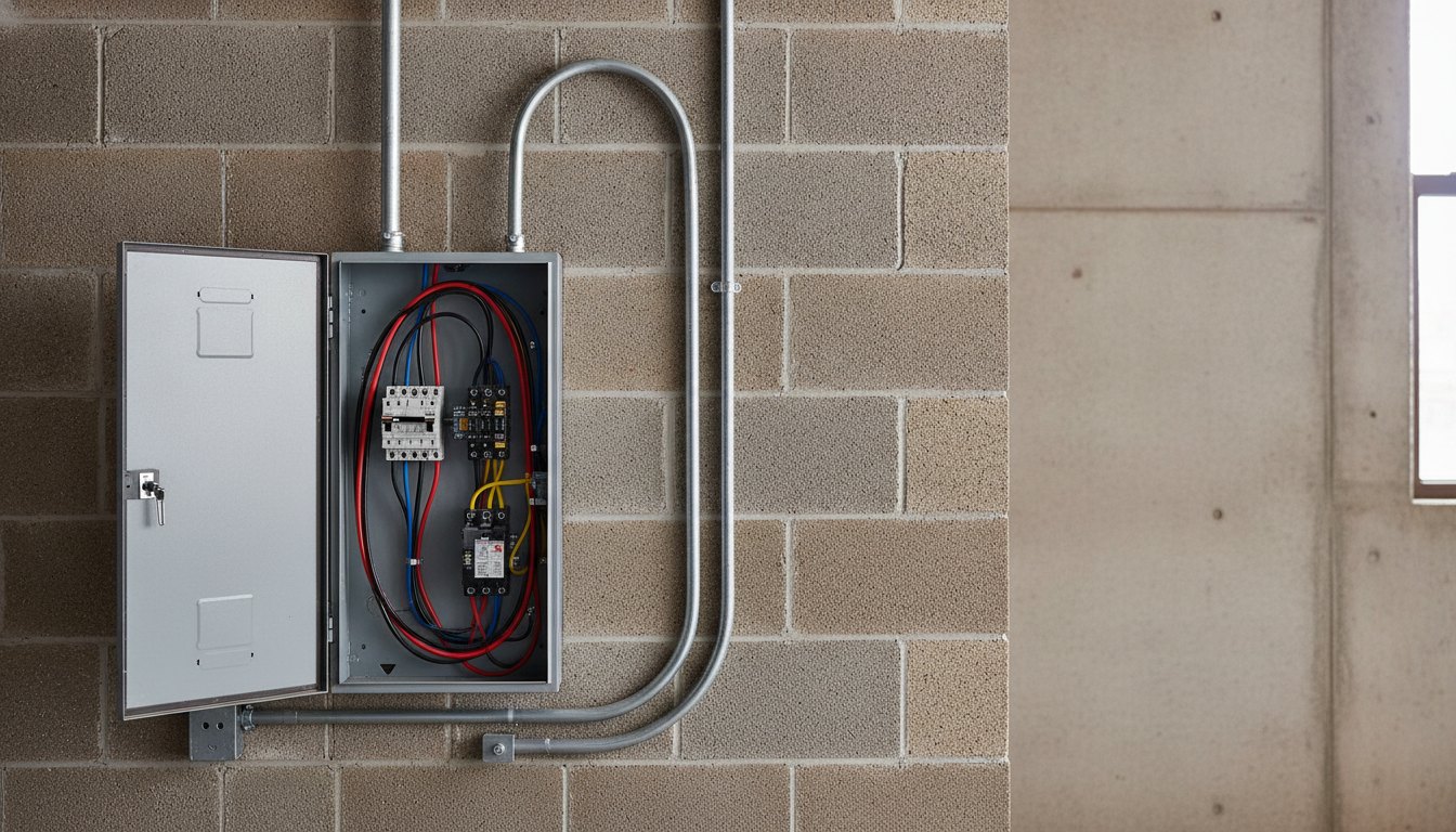 Parede de alvenaria em garagem com conduítes aparentes e quadro de distribuição de energia aberto.