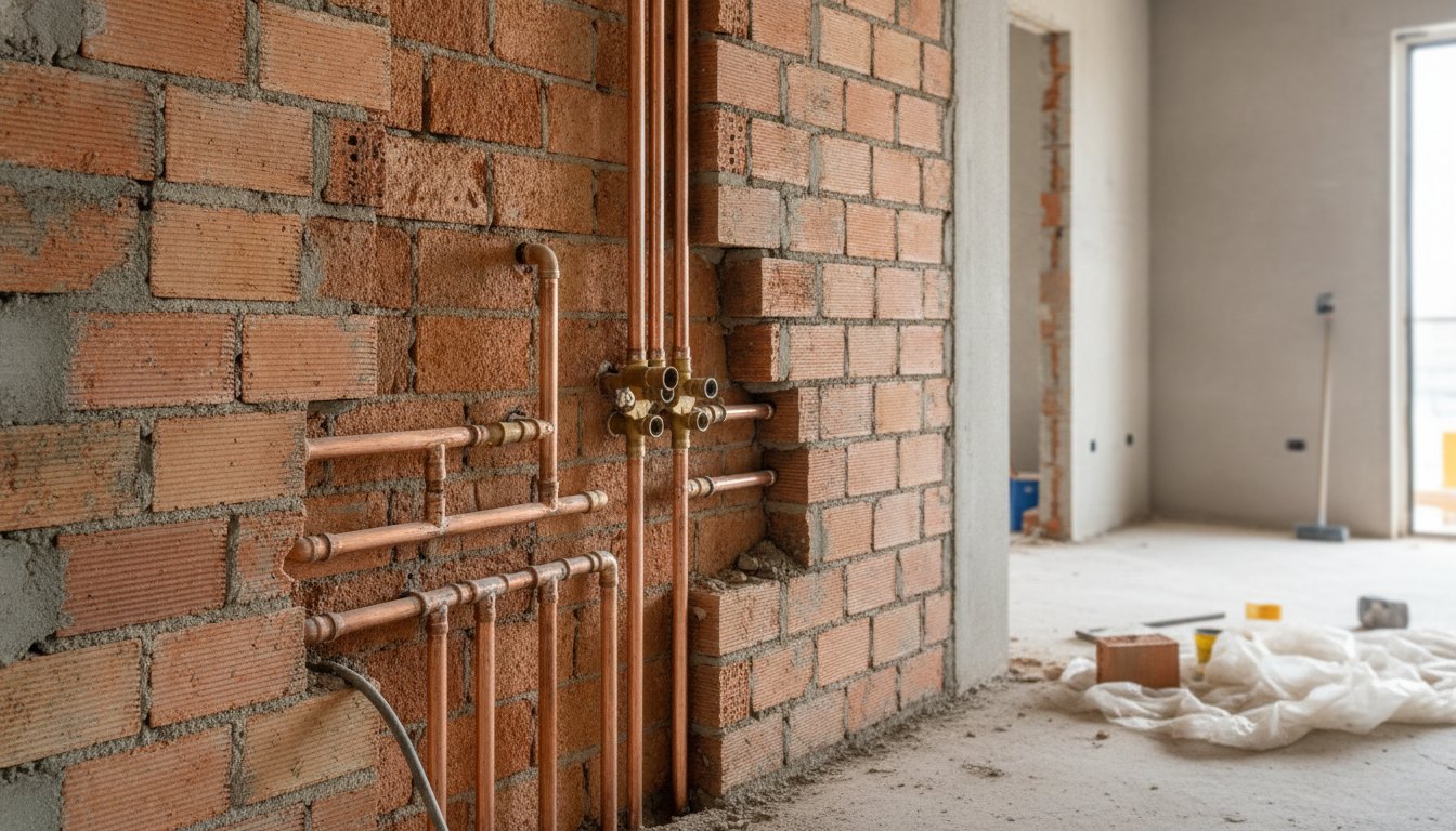 Tubulações de cobre embutidas na parede de tijolos de uma sala em obras.