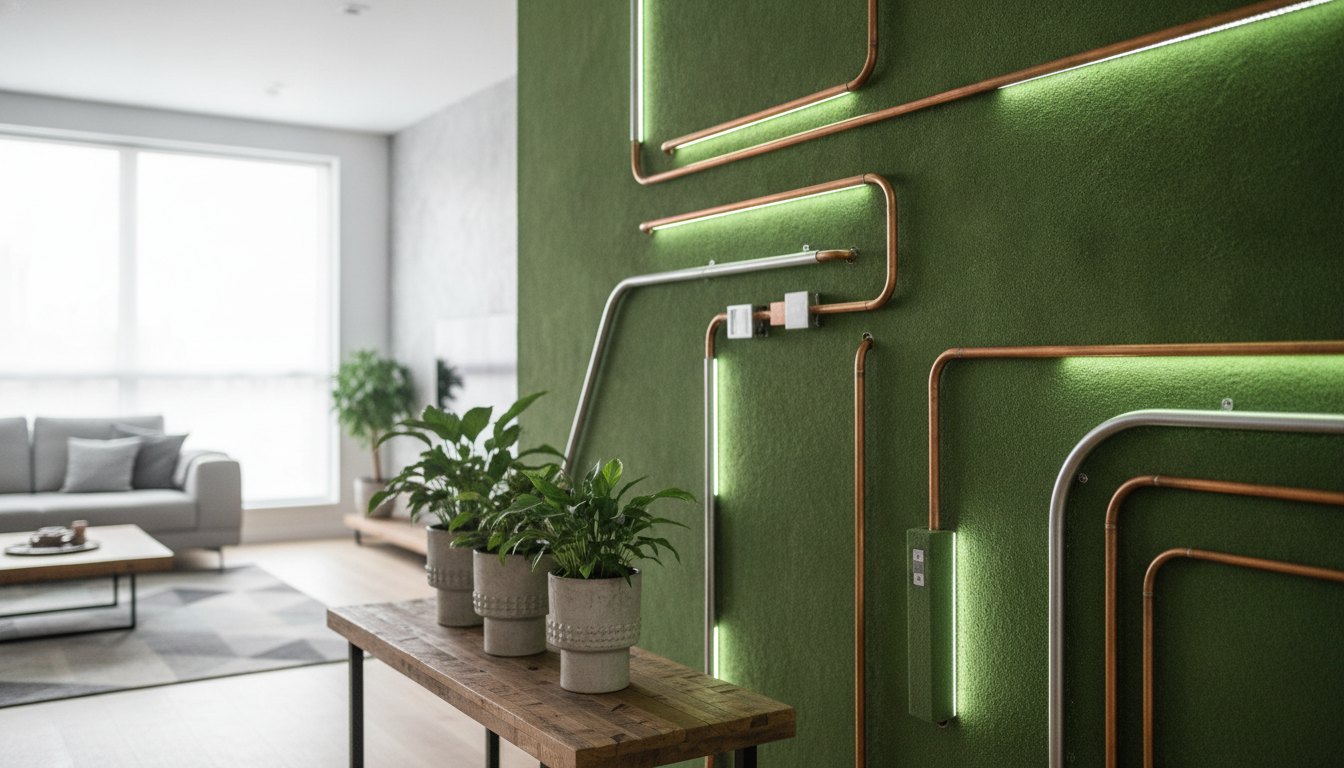 Parede verde iluminada por luzes de LED com tubulações embutidas em uma sala de estar.