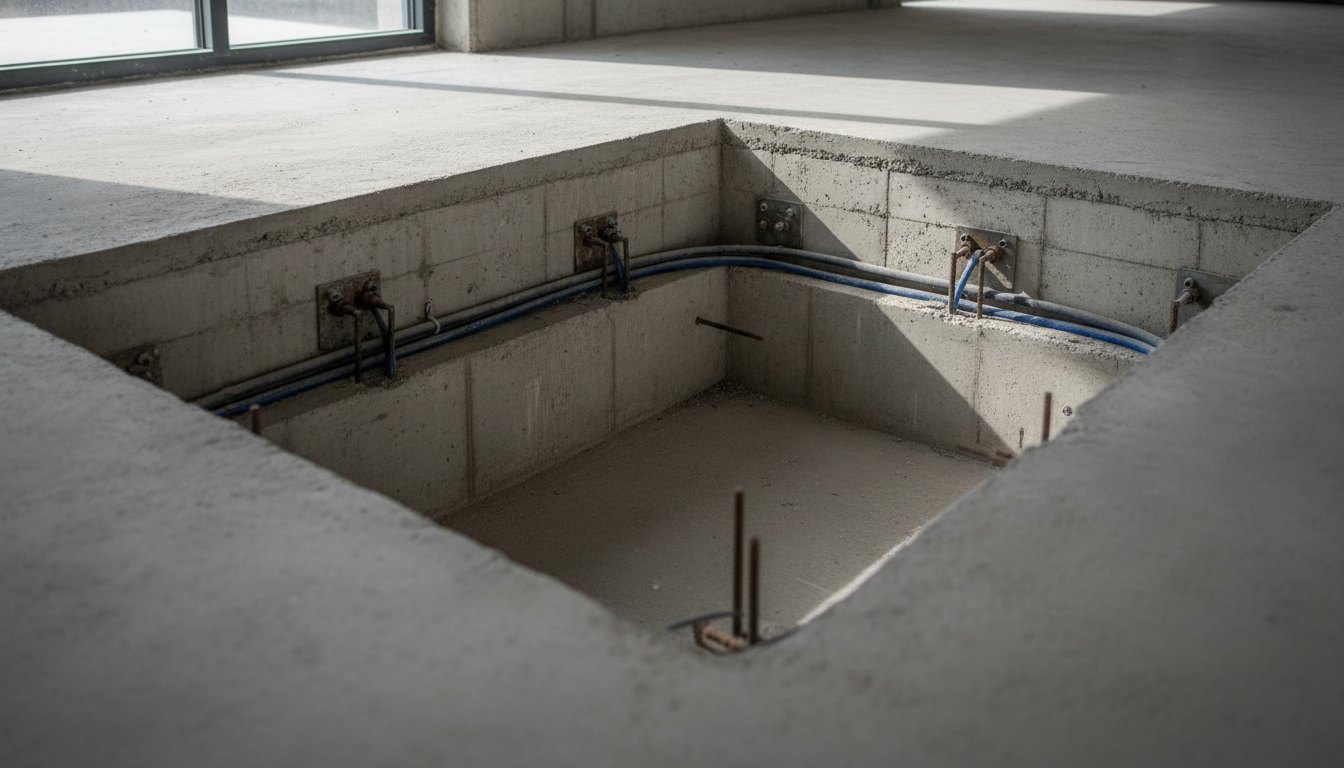 Fosso de concreto aparente preparado para receber a estrutura mecânica de uma plataforma de acessibilidade.