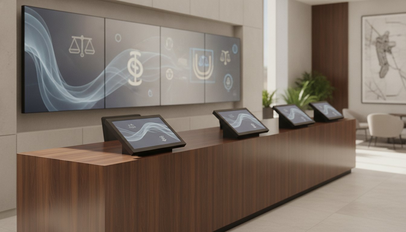 Balcão de atendimento em madeira com totens interativos e painéis digitais embutidos em um escritório.