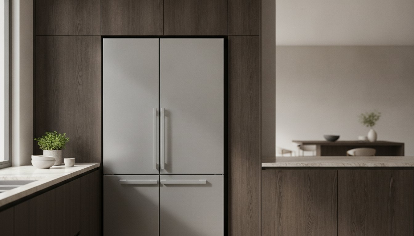 Refrigerador moderno de porta dupla embutido em um armário de madeira escura na cozinha.
