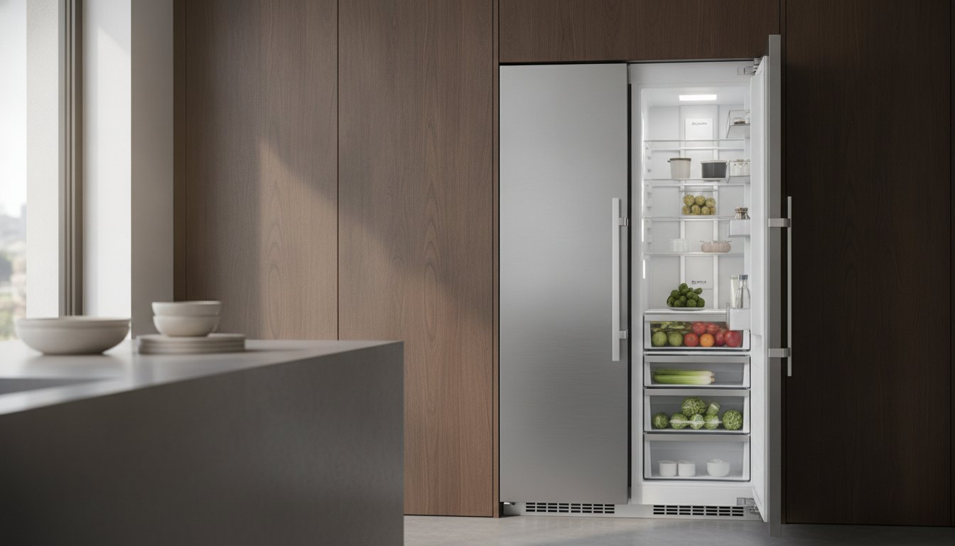 Geladeira moderna embutida perfeitamente em painel de madeira escura na cozinha