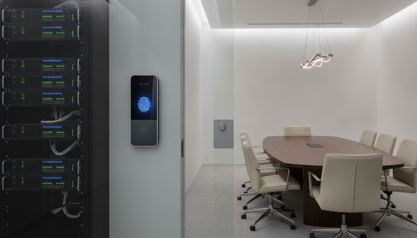 Sala de reuniões sem janelas com servidor em rack e painel biométrico ao lado da porta.