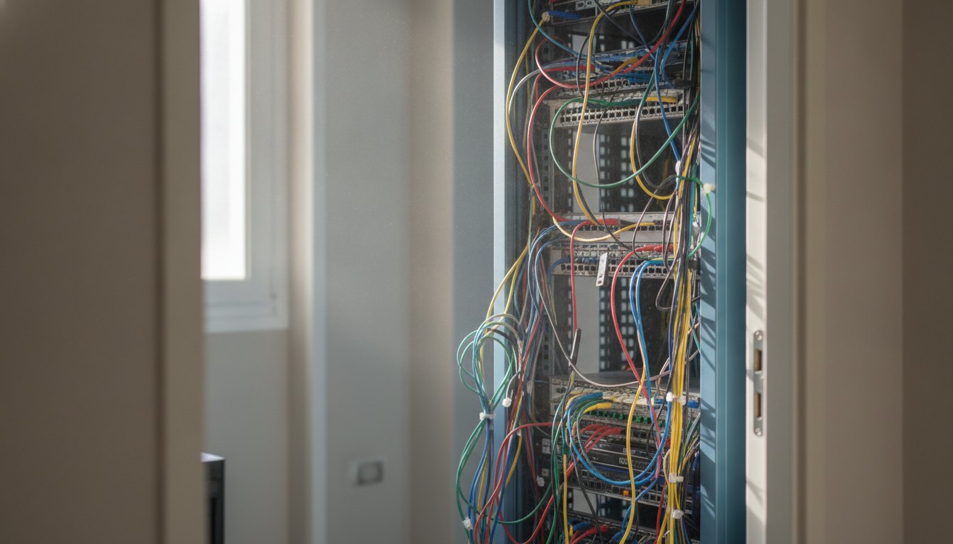 Porta entreaberta de uma sala técnica revelando um rack de equipamentos com cabos coloridos.