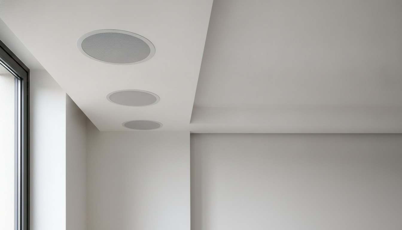 Teto de gesso rebaixado com recortes circulares para instalação de caixas acústicas brancas.