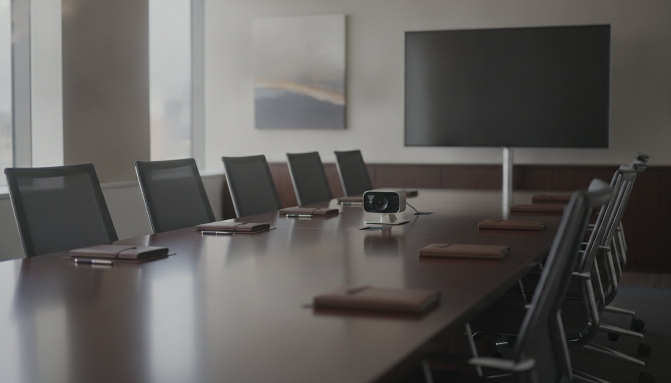 Sala de reunião corporativa com mesa de madeira, cadeiras ergonômicas e equipamento de videoconferência.