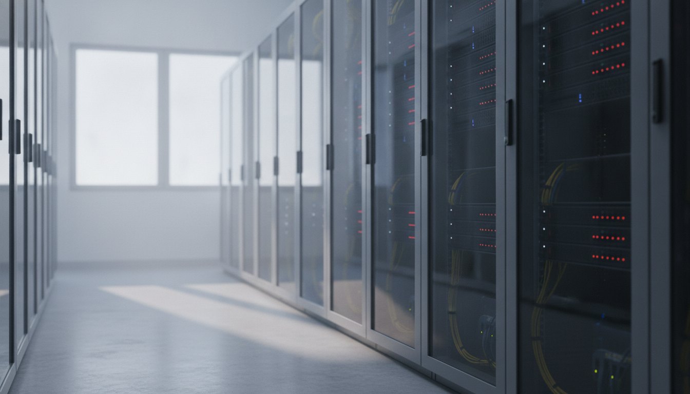 Sala de servidores com racks organizados e portas de vidro em um escritório corporativo.