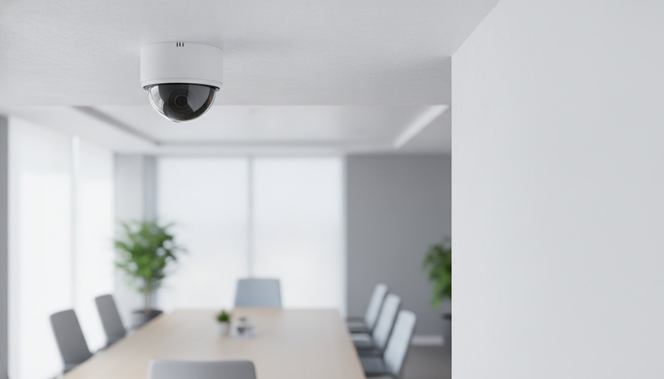 Câmera de segurança com design minimalista instalada no teto de gesso de um escritório corporativo.