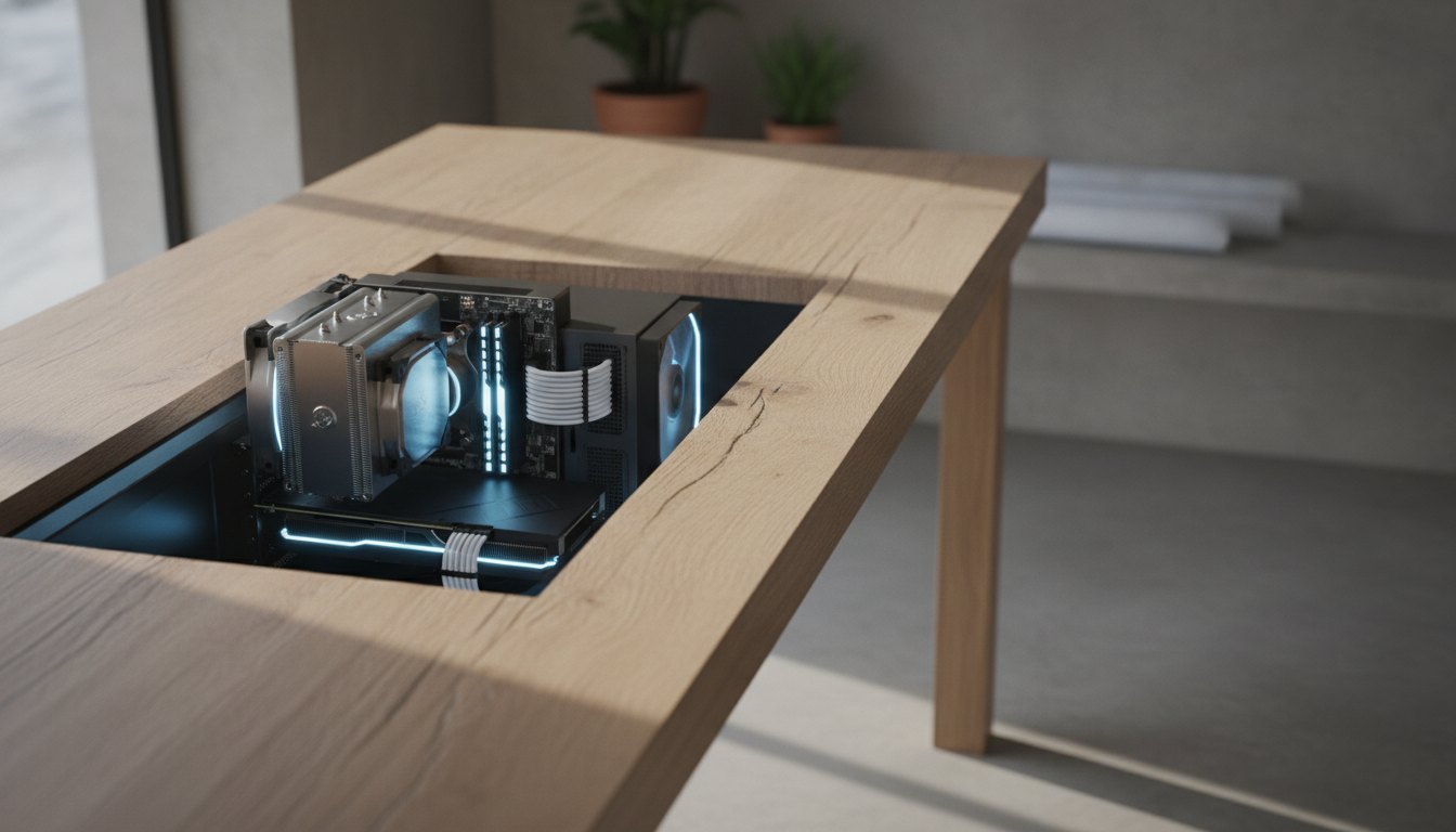 Mesa de madeira com nicho vazado abrigando um computador de mesa iluminado internamente.