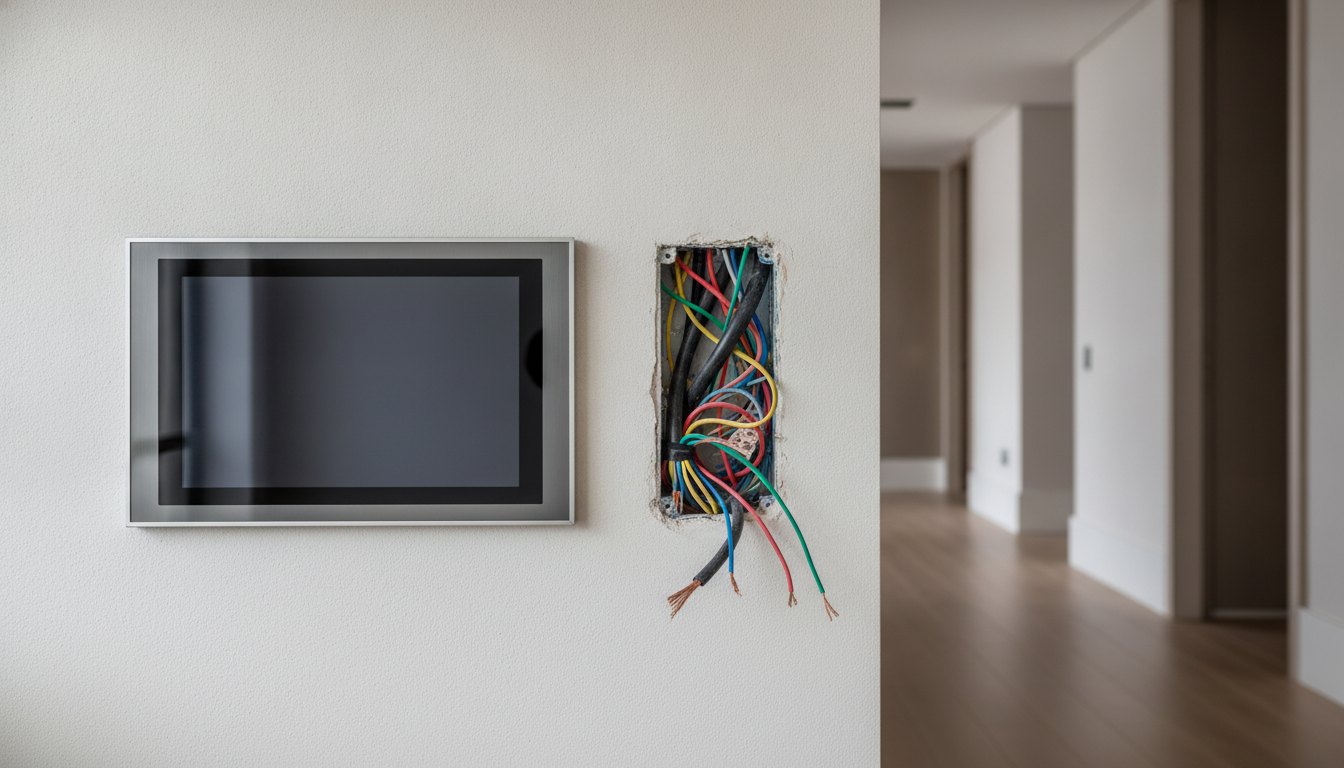 Tela de controle residencial embutida em parede de gesso ao lado de cabos elétricos expostos.