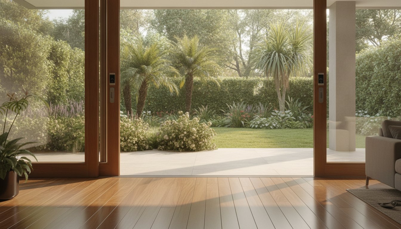 Área externa com jardim iluminado, piso de madeira e portas de vidro integradas à automação.
