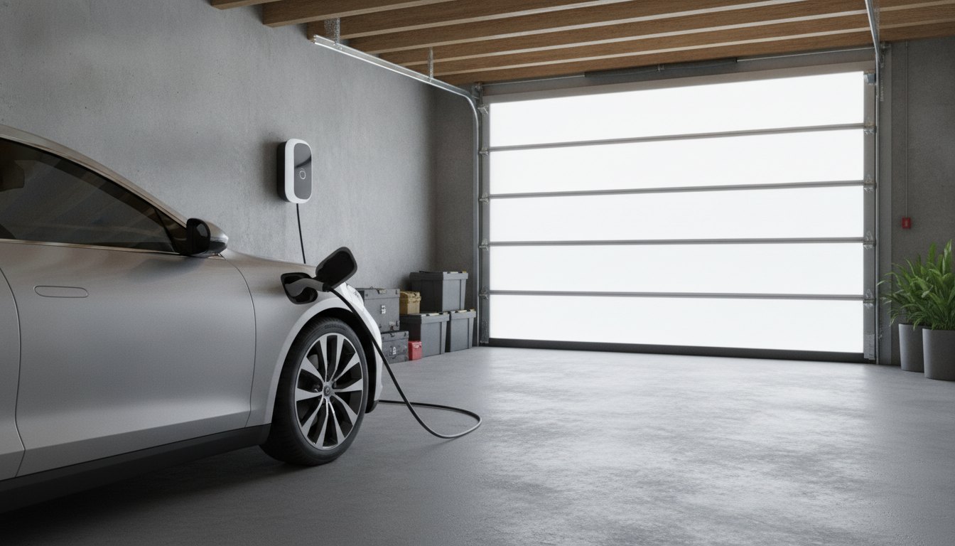 Carro elétrico conectado a uma estação de recarga fixada na parede de uma garagem residencial moderna.