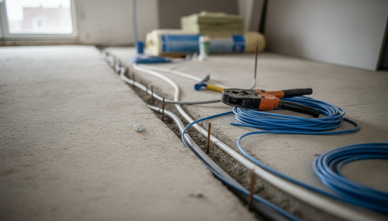 Operário ajustando tubulação elétrica e de rede em um contrapiso de concreto antes do acabamento.