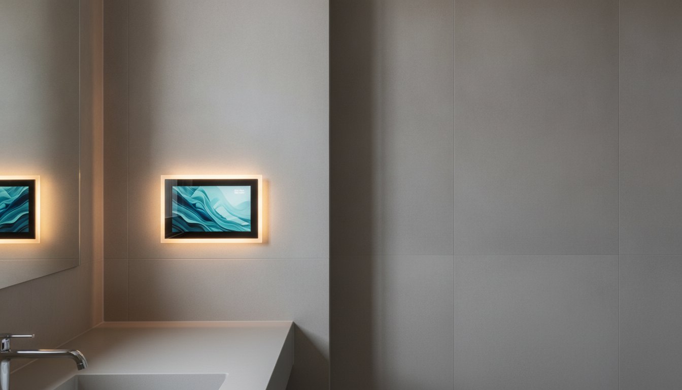 Tela interativa embutida na parede de um banheiro com iluminação led ao redor do vidro.