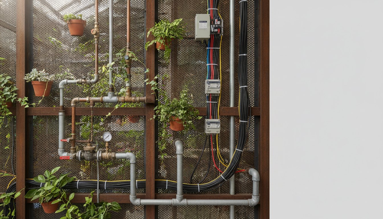Tubulações de água e cabos elétricos instalados atrás de uma estrutura metálica com plantas diversas.