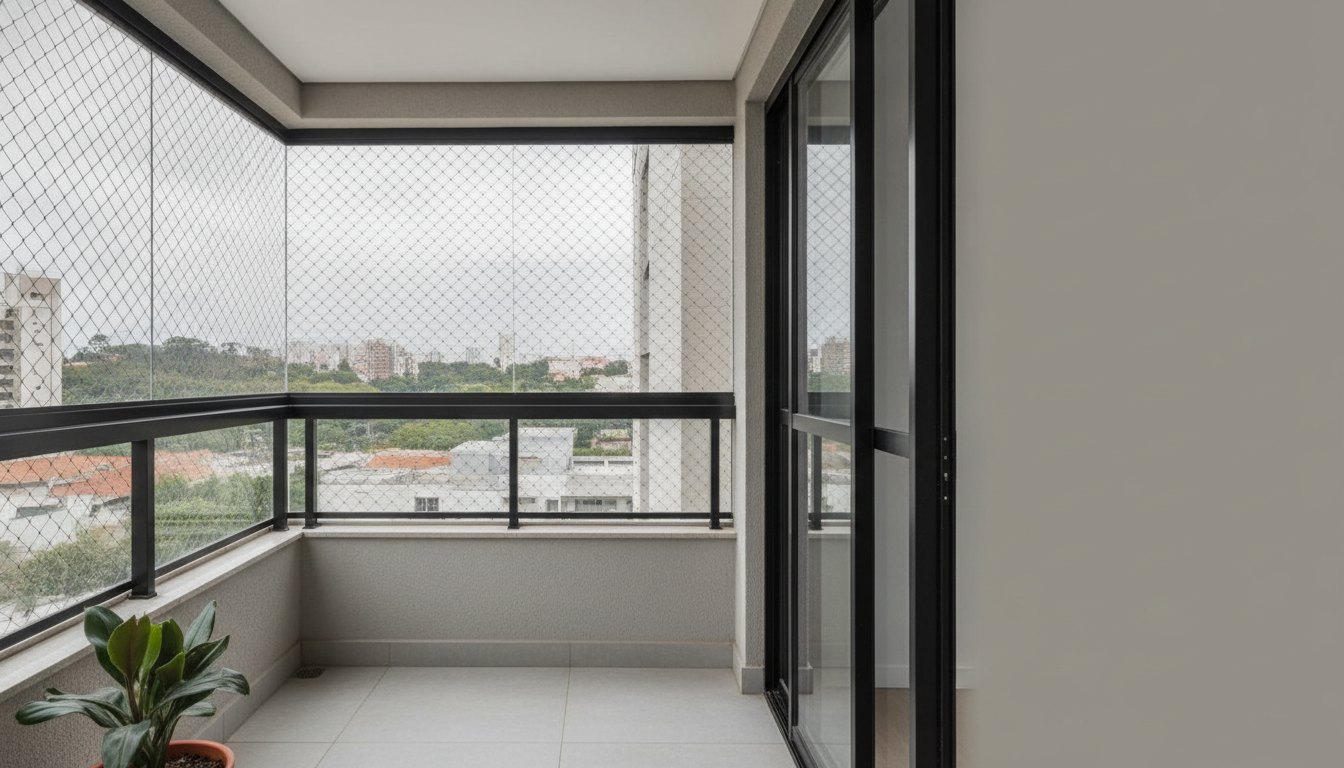 Varanda de apartamento com tela de segurança instalada em esquadrias de alumínio preto.