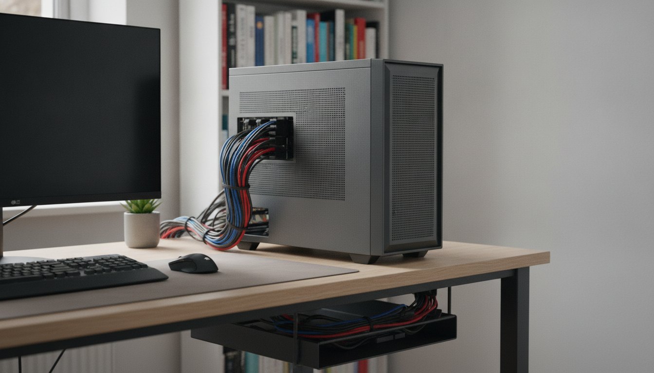 Gabinete de computador robusto sobre mesa de escritório com saídas de ar e fiação organizada.
